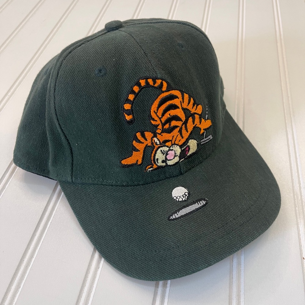 Vintage Disney Tigger Golf Hat Forest Green Leather Strap Mickey Buckle Cap